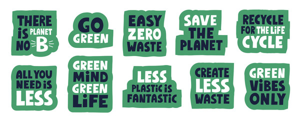 Set of stickers. Zero waste concept. Hand drawn vector lettering. Save the planet, easy zero waste - obrazy, fototapety, plakaty