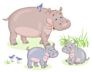 Happy hippo family. Mom Hippo and two cute little hippos. In cartoon style. Isolated on white background. Vector illustration.
