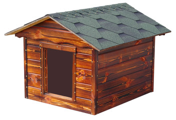 wooden doghouse on a white