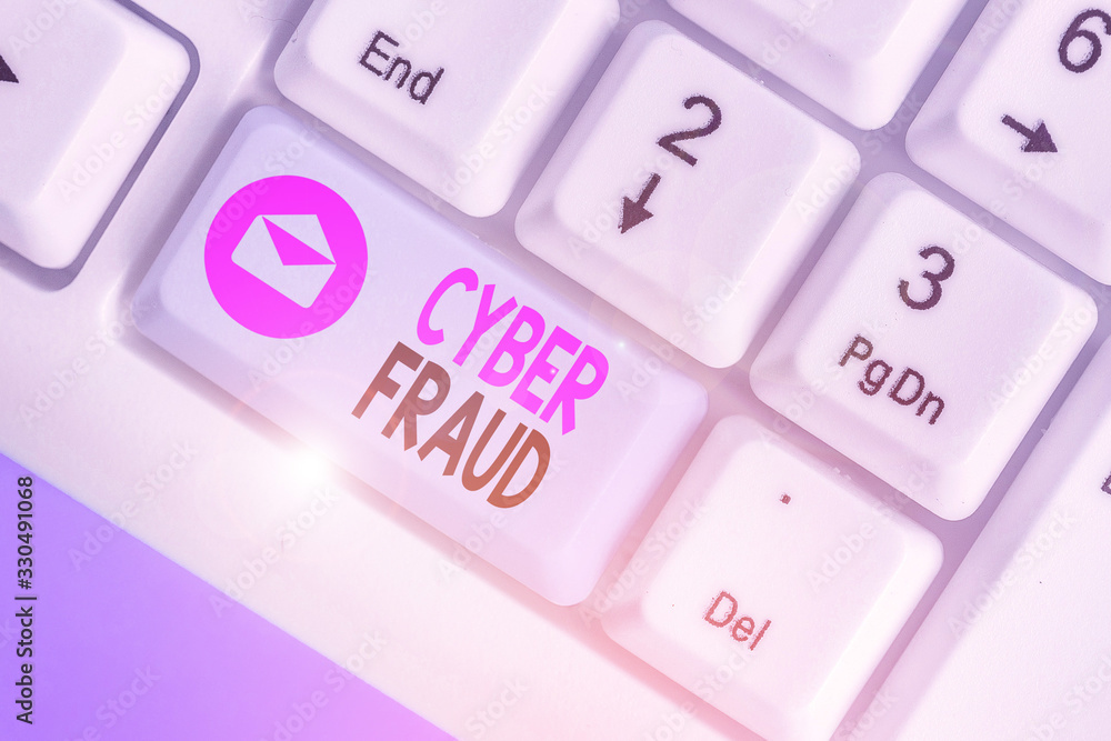 Poster word writing text cyber fraud. business photo showcasing any crime that is committed with the use of