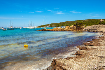 Caprera Island and Spiaggia I Due Mari beach at the Tyrrhenian Sea coastline with Caprera harbor...