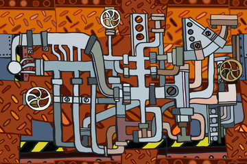 Abstract seamless industrial factory illustration with fictional pipes and machines on rusty metal grating surface. Hand drawn. 