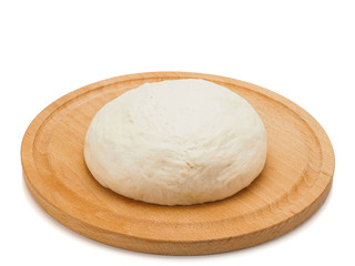 Fototapeta na wymiar fresh raw dough on wooden board isolated on white background, top view
