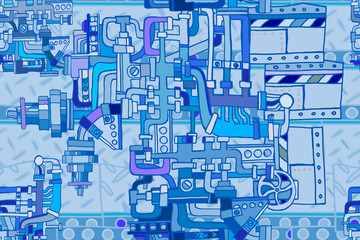 Abstract seamless industrial factory illustration with fictional pipes and machines on rusty metal grating surface. Hand drawn. 