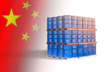 Flag of China. A few blue barrels as a symbol of Oil. Concept - petroleum consumption in China. Hydrocarbon consumption in China. Concept - petroleum sales to the People's Republic of China