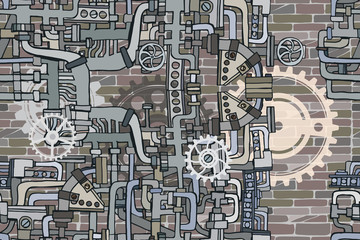Abstract industrial illustration with fictional gearwheels and abstract details of machines featuring retro technology or steampunk concept. Hand drawn.