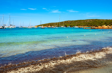 Caprera Island and Spiaggia I Due Mari beach at the Tyrrhenian Sea coastline with Caprera harbor...