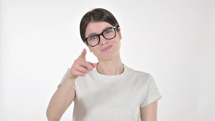 The Focused Young Woman Pointing Finger on White Background