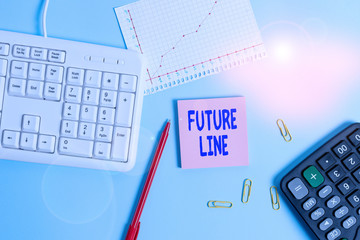 Handwriting text writing Future Line. Conceptual photo In the future Debt due at present to be paid in future Paper blue desk computer keyboard office study notebook chart numbers memo