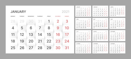 Wall quarterly calendar template for 2021 year in clean minimal style. Corporate design planner template. Week Starts on Monday. Set of 12 Months. Ready for print.