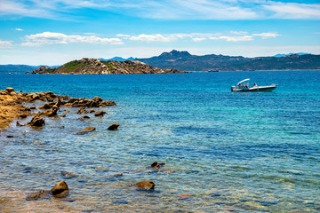 Caprera Island and Spiaggia di Cala Portese harbor at the Tyrrhenian Sea coastline with Isola Porco...
