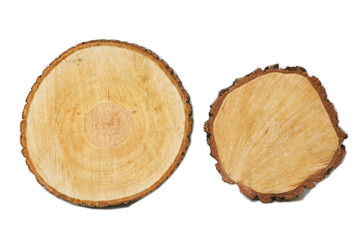 Two round wooden hemp made of wood, top view. Isolated.