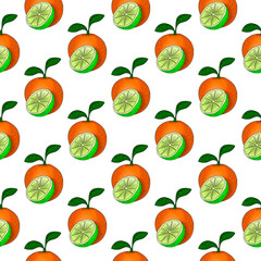 Seamless cartoon pattern with orange yellow green citrus fruit on white background for banner, poster, textile, candy wrapper, wrapping paper and web design.
