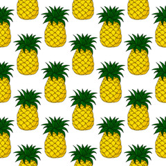 Seamless cartoon pattern with sweet yellow fresh pineapple fruit on white background for cute banner, poster, textile, postcard, wrapping paper, candy wrapper and web design.