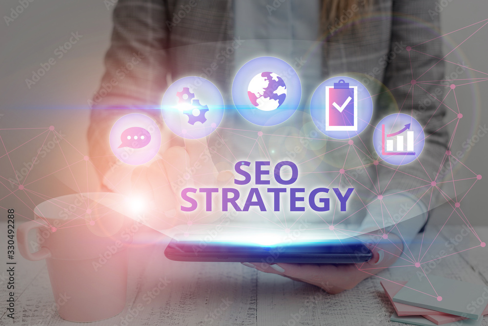 Poster conceptual hand writing showing seo strategy. concept meaning procedures that aim to increase the vi
