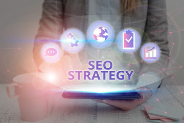 Conceptual hand writing showing Seo Strategy. Concept meaning procedures that aim to increase the...