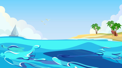 Fototapeta na wymiar Seaside Blue Sea, Tropical Island Coast Vector Illustration. Palm Tree on Beach Shore, Seagull in Sky. Ship Boat Yacht in Ocean. Summer Day Recreation Relax. Travel, Exotic Journey Trip
