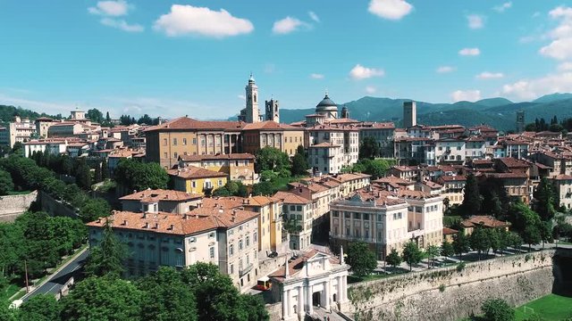 Bergamo, Italy. Drone aerial view of the Old city. One of the beautiful city in Italy. Landscape on the city center and the historical buildings