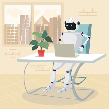 Positive Artificial Intelligence Robotic Intellect Working on Laptop in Office. Hardworking Cartoon Businessman Robot Character. Optimization and Human Labor Replacement. Vector Flat Illustration