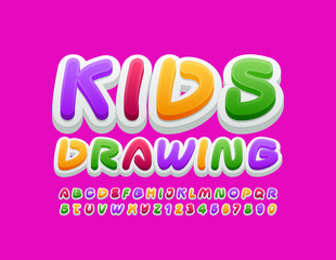 Vector creative logo Kids Drawing with colorful Alphabet Letters and Numbers. Bright Children Font