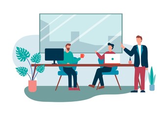 Cartoon Men Sit Table, Notebook Work Chatting Vector Illustration. Office Room Interior. Coworking Workplace. Business Project Discussion, Corporate Meeting, Brainstorming, Teamwork