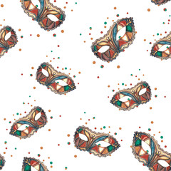 Fototapeta premium Seamless white background with watercolor carnival masks and confetti circles.