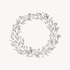 line drawing vector floral wreath, opulent round frame with hand drawn flowers, branches, leaves, plants, herbs. Botanical illustration. Leaf logo. Wedding invitation, monogram
