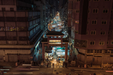 Hong Kong Traditional Street, Temple Street Night Market, Aerial view of the Night