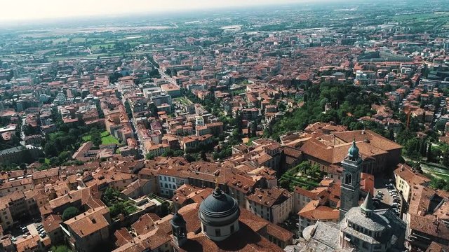 Bergamo, Italy. Drone aerial view of the Old city. One of the beautiful city in Italy. Landscape on the city center and the historical buildings