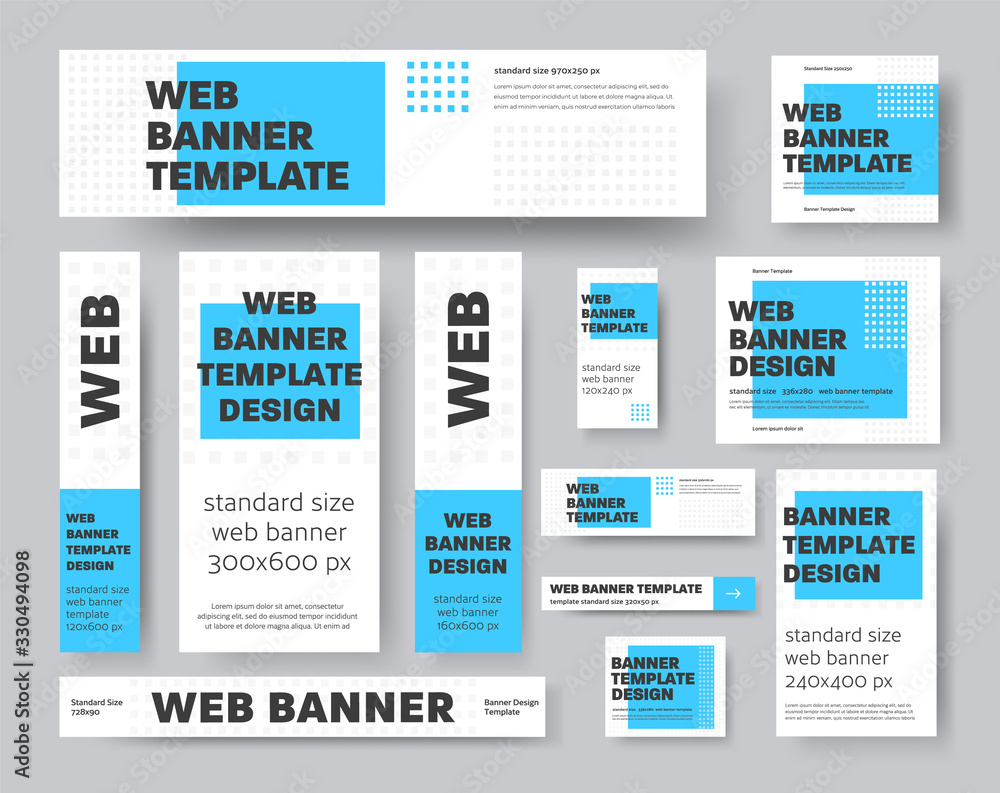 Poster Set of vector geometric web banners with blue rectangle and gray squares.