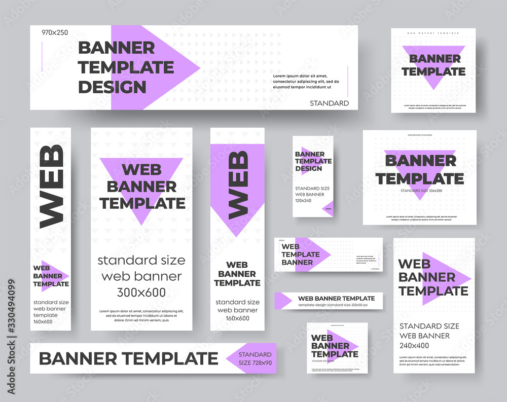 Poster template vector geometric web banners with purple and gray triangles.