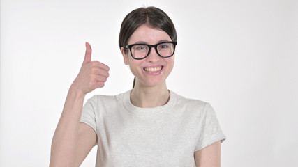 The Young Woman Showing Thumbs Up on White Background