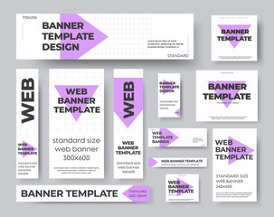 Template vector geometric web banners with purple and gray triangles.