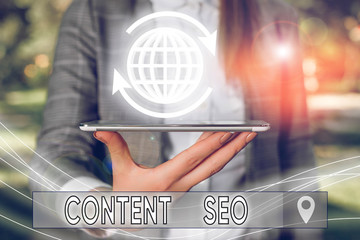 Conceptual hand writing showing Content Seo. Concept meaning creating webpage content to rank high...