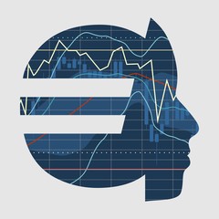 Forex candlestick pattern. Trading chart concept. Double exposure portrait of young man and financial market chart. Symbol of euro currency