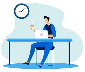 Cartoon Office Worker Character Having Coffee Break at Workplace. Executive Manager Sitting at Desk with Laptop. Time Management. Hassle Free Business. Corporative Culture. Vector Flat Illustration