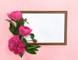 Bouquet of pink peonies with photo frame on a pink paper background with space for text. Top view, flat lay. Floral decoration