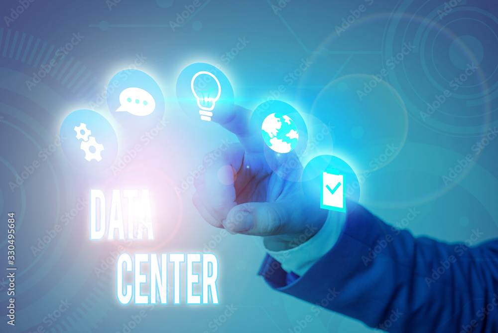 Poster writing note showing data center. business concept for a repository that houses computing facilities