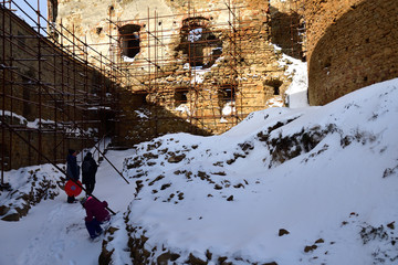 Tourist watching on old historical walls and historic castle in the countryside Zborov Slovakia