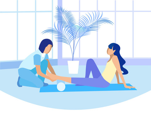 Female Manual Therapist Eliminates Pain Sore in Woman Feet and Leg. Doctor and Patient in Physiotherapeutic Gym Class. Massage, Stretching, Exercise with Ball. Rehabilitation. Vector Flat Illustration
