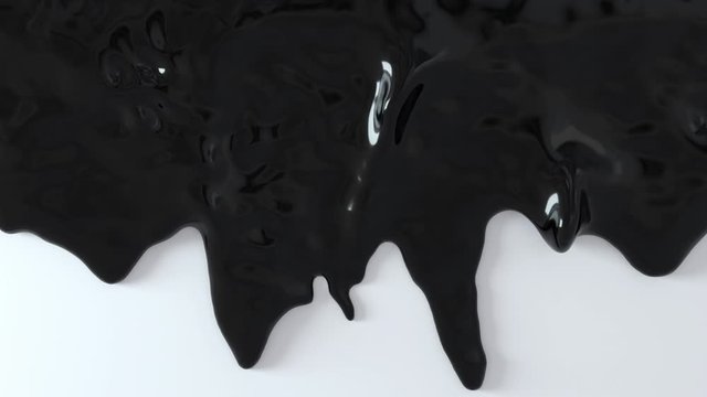 Black liquid substance flowing down on white surface. Black oil fluid flows down. 3D render animation footage.