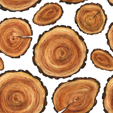 Seamless pattern with wood cut. Eco-friendly wooden background. Watercolor illustration with texture of the trees. Nature, stump, wood, woodcutter, brown