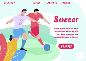 Soccer Design for Cartoon Landing Page Promoting Summer Sport. Football Players in T-Shirts with Numbers Kicking Ball. Natural Backdrop. Vector Flat Illustration with Informative Text, Menu and Logo