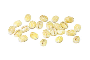 Dry Oat flakes ( Bran, Barley rice, Rye cereals ) isolated on white background. Healthy food and diet concept. Selective focus.