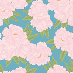 Vector seamless pattern with hand drawn pink blooming peonies. Floral reapeted background on blue with stripes. Romantic design for natural cosmetics, perfume, women products. 
