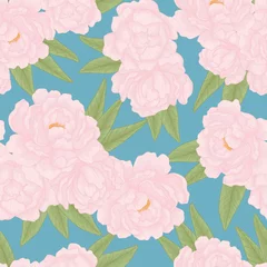Schilderijen op glas Vector seamless pattern with hand drawn pink blooming peonies. Floral reapeted background on blue with stripes. Romantic design for natural cosmetics, perfume, women products.  © Juri Kam