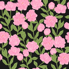 Vector seamless pattern with hand drawn pink blooming peonies and leaves. Floral reapeted background on dark. Romantic design for natural cosmetics, perfume, women products.