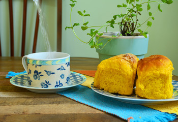  Brazilian breakfast, mint tea cup with pumpkin bread