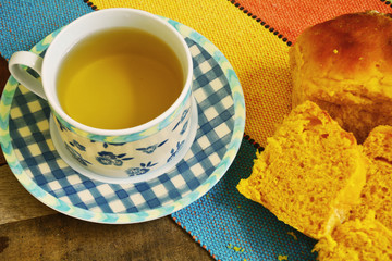  Brazilian breakfast, mint tea cup with pumpkin bread