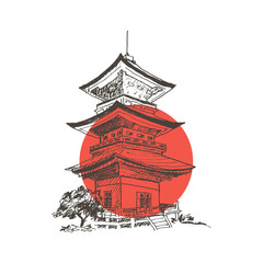 Chinese Pagoda Architectural Building Hand Drawn Vector Illustration